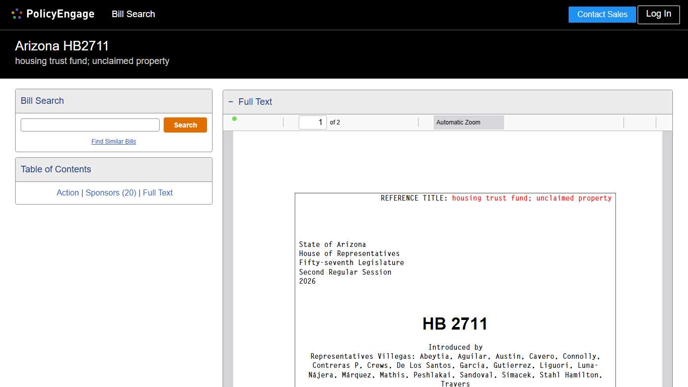 HB2711 | Arizona 2026 | housing trust fund; unclaimed property - Legislative Tracking | PolicyEngage