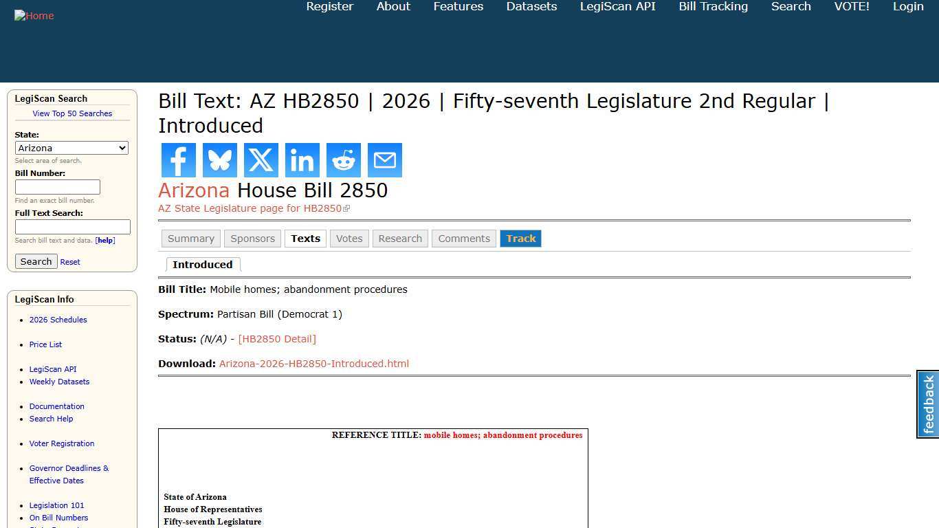 Bill Text: AZ HB2850 | 2026 | Fifty-seventh Legislature 2nd Regular | Introduced | LegiScan